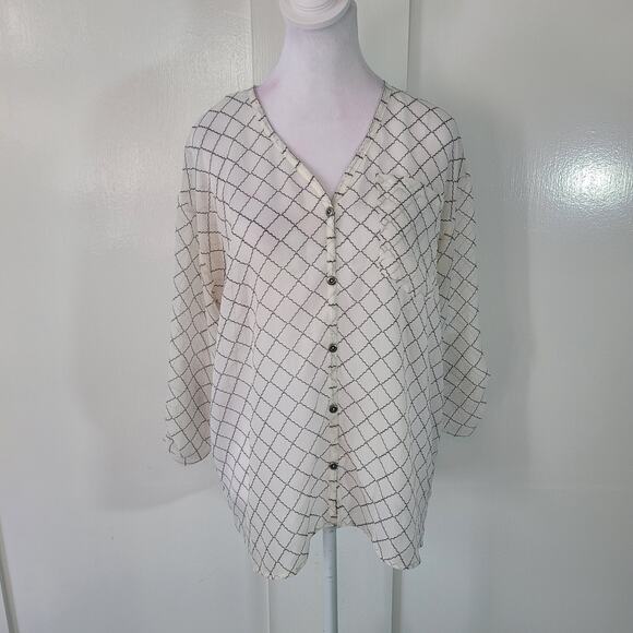 CAbi Size S Chessboard Blouse Black White Sheer Button Up Roll Tab Sleeve Office - Picture 2 of 11